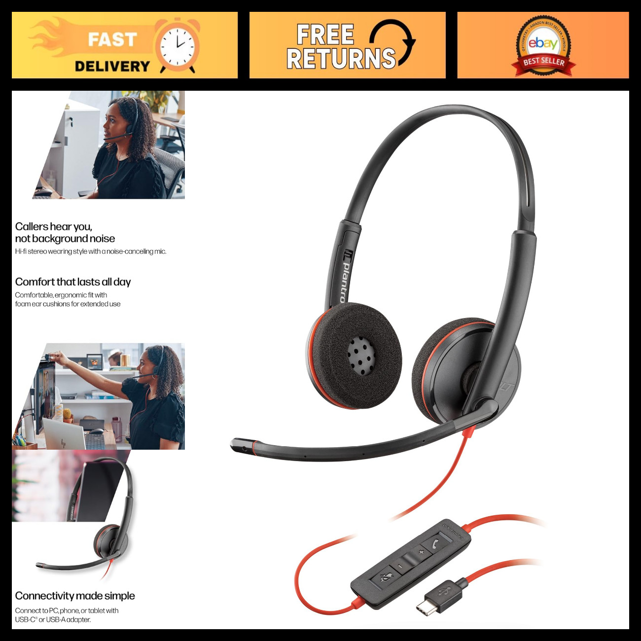 Wired Headset with Mic, Hi-Fi Stereo Sound, Noise-Canceling, USB-C & USB-A, Over
