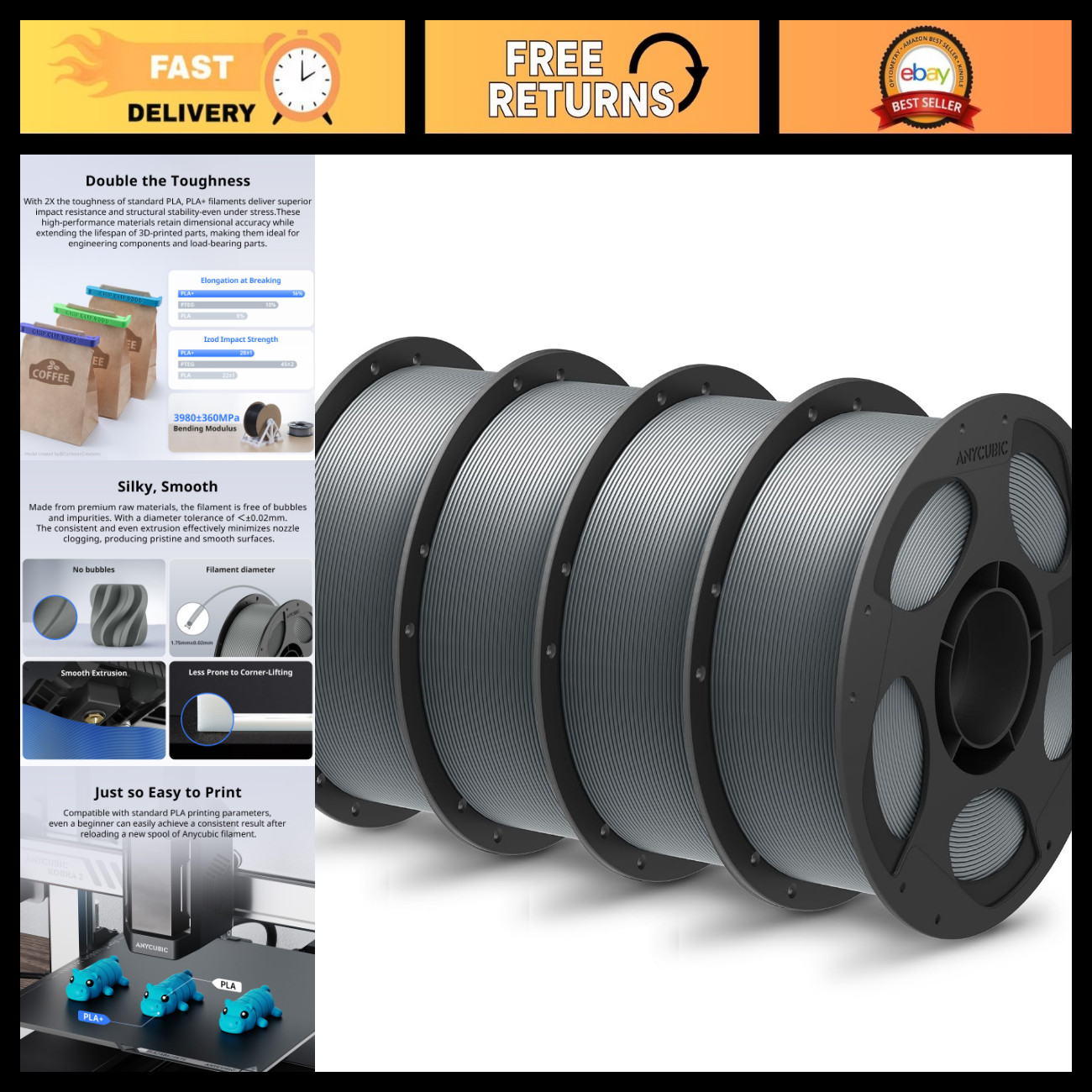 High Toughness 3D Printer Filament 1.75mm, PLA Plus Bundle, Dimensional Accuracy