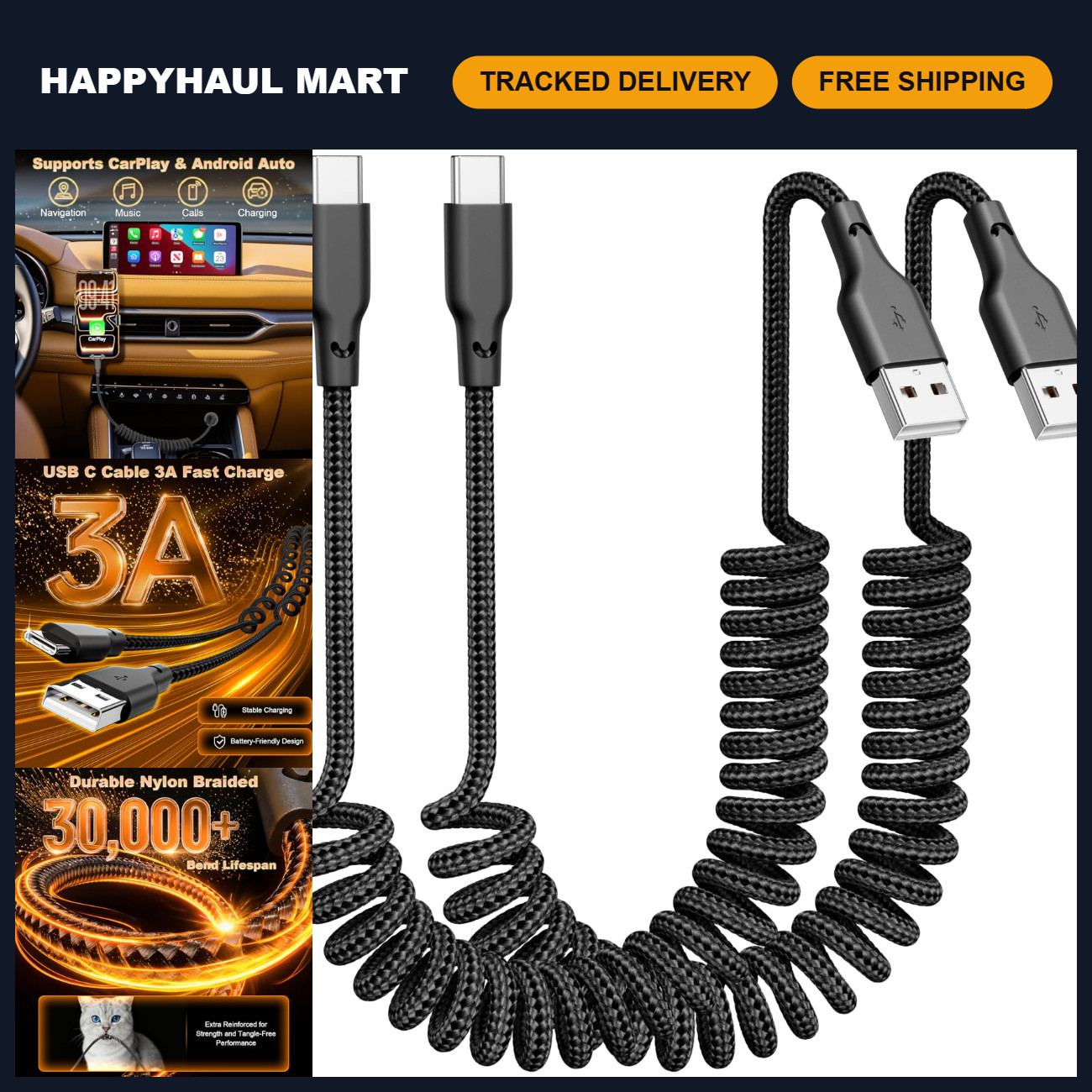 Coiled USB A to USB C CarPlay Cable Fast Charging 3ft - 2-Pack, Durable & Flexib