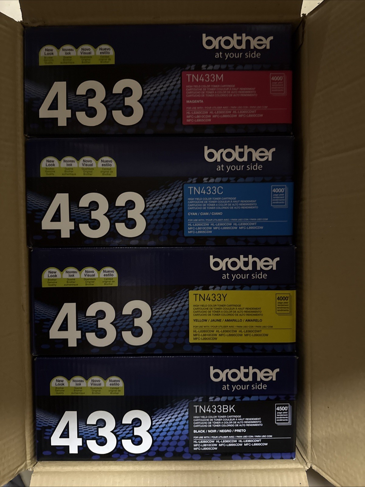 Brother TN433 High-Yield Toner Set Black, Cyan, Magenta, Yellow  4-Pack, New Box