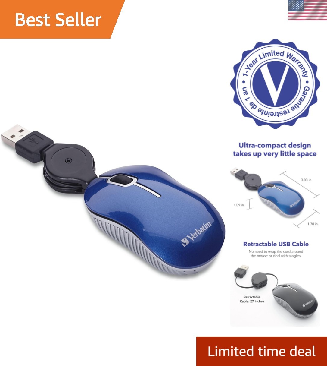 Mini Travel Optical Mouse, USB 2.0, Retractable Cable, Blue