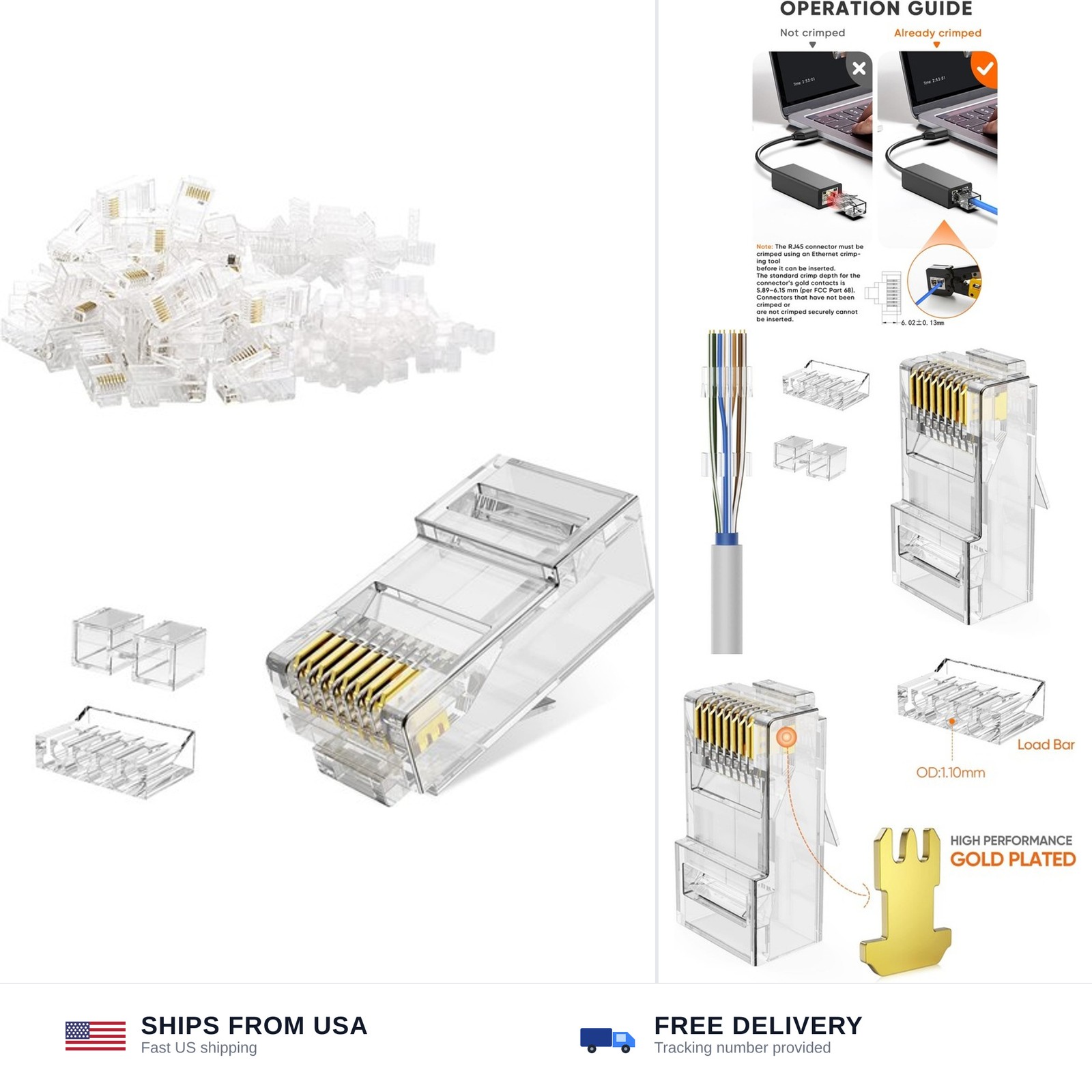 Cat 6A RJ45 Connectors 100 Pack Modular Plug Gold Plated Ethernet Cable