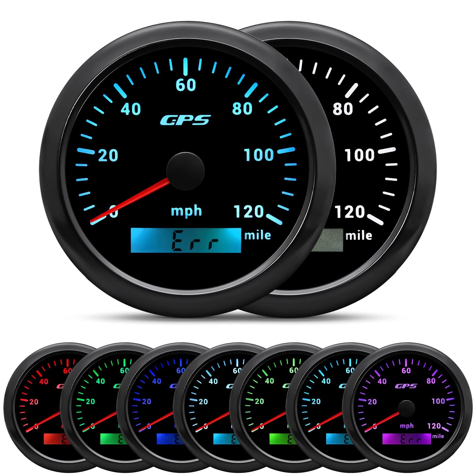 GPS Speedometer 85mm 3-3/8" 7 Color 120MPH Gauge with GPS Antenna Odometer Wa...