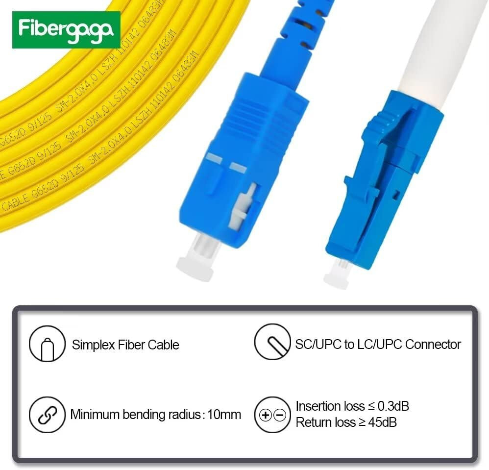 Fibergaga 30m 98ft OS2 SC/UPC to LC/UPC Fiber Patch Cable Single Mode Fiber