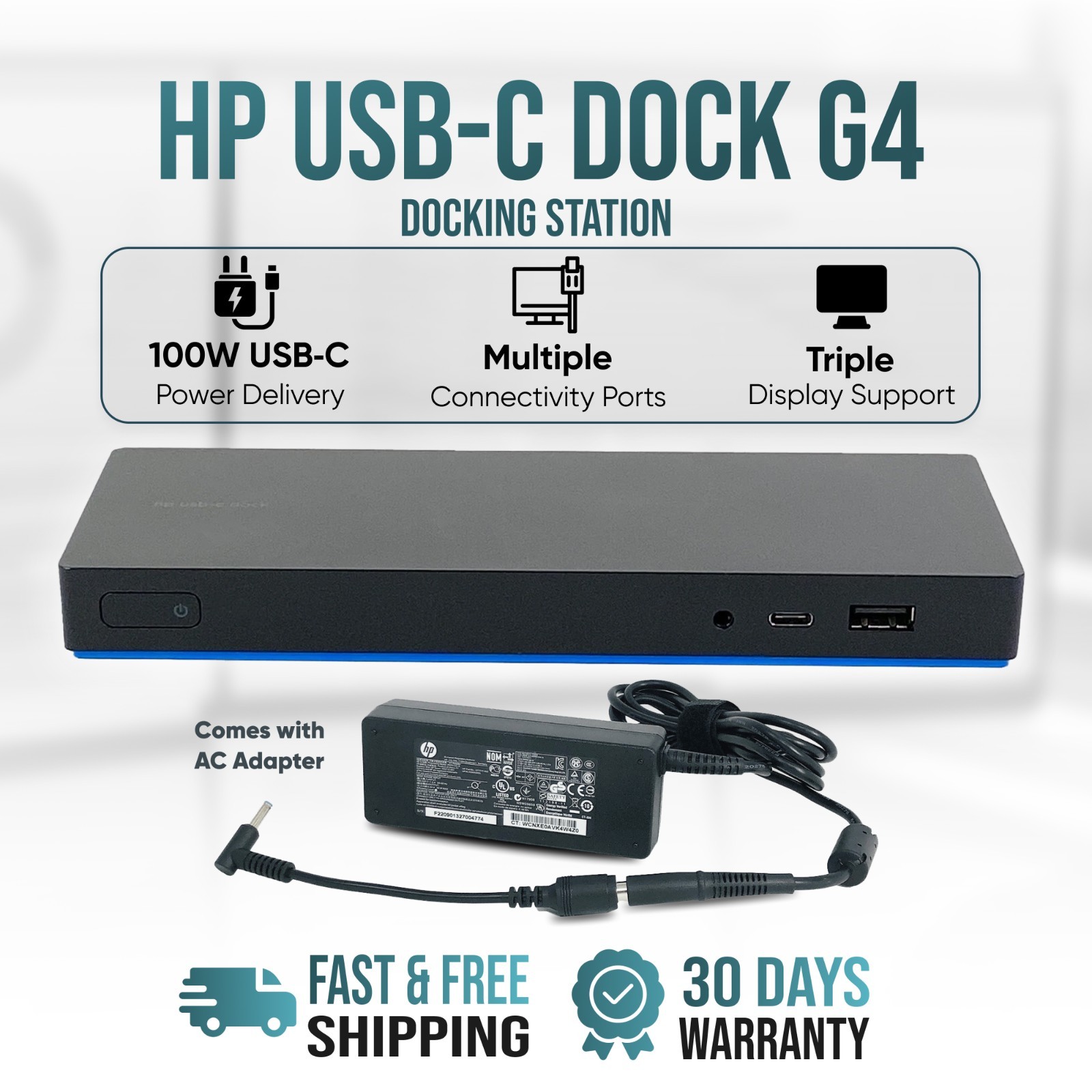 HP USB-C DisplayPort 4K Triple Monitor Dock G4 HSTNH-U601 Docking Station w/AC