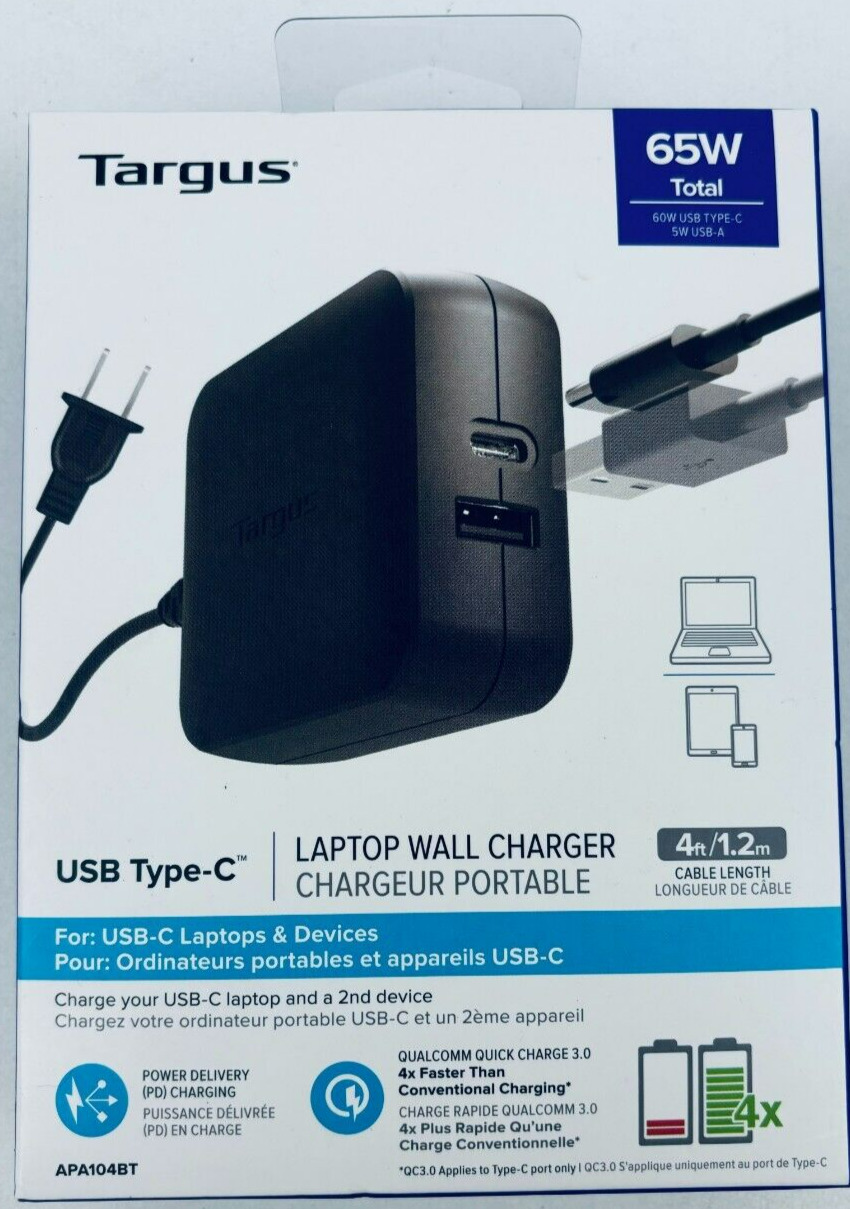 Targus USB Type-C & USB-A Laptop Wall Charger 4 ft / 1.2 m Cable Length APA104BT