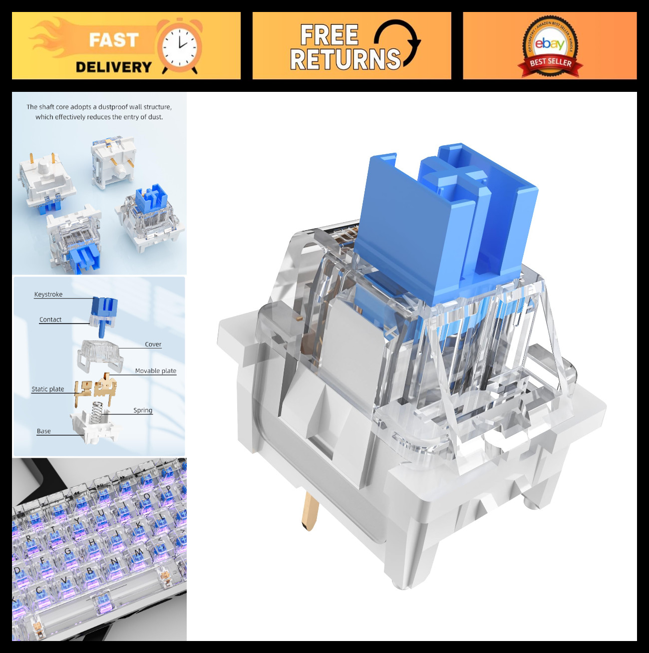 108PCS Blue Clicky Mechanical Keyboard Switches, 3-Pin Hot-Swappable, Pre-Lubed,
