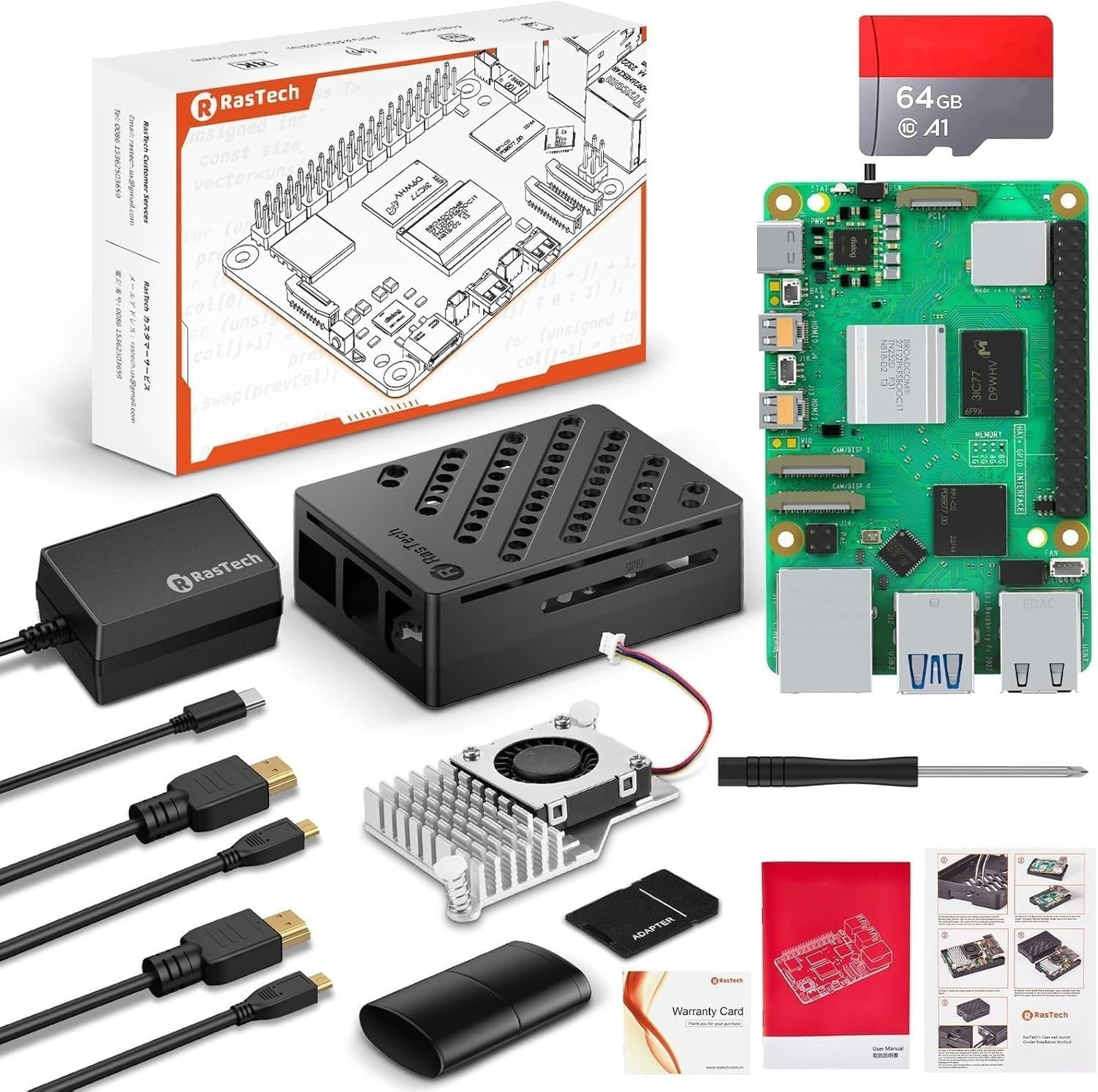 RasTech Raspberry Pi 5 8GB Kit 64GB Edition with Active Cooler,27W GaN 5.1V5A