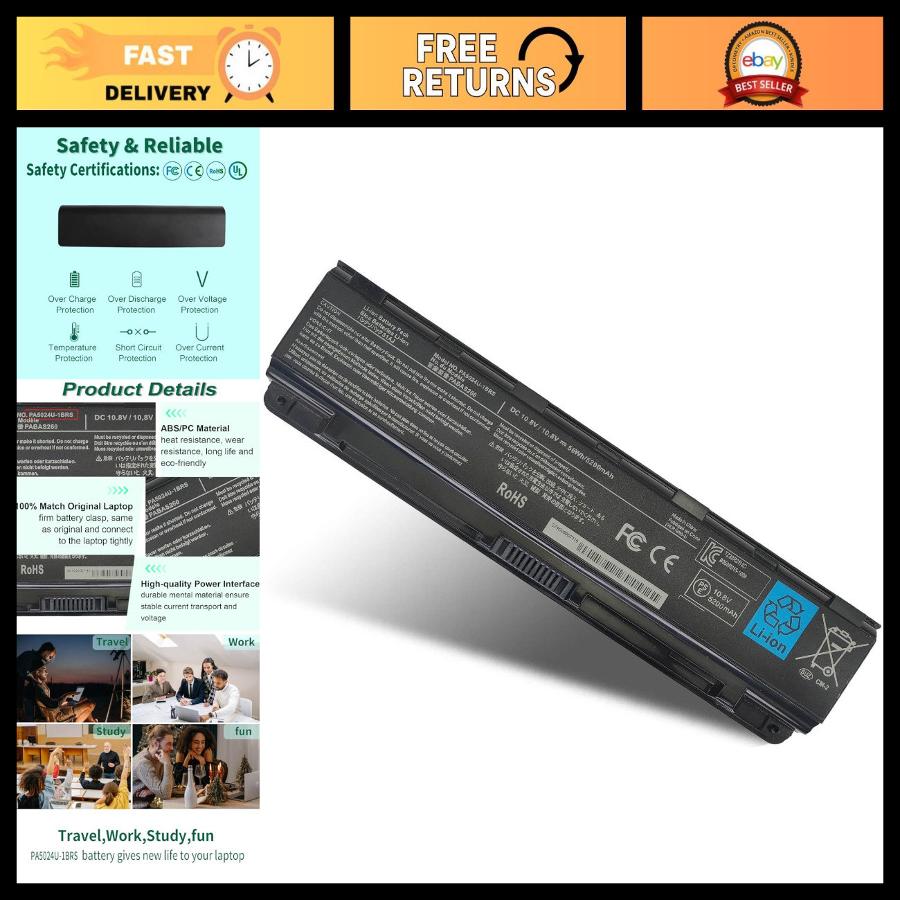 High-Capacity Replacement Battery for Toshiba Satellite S75 P75-A7200 S855