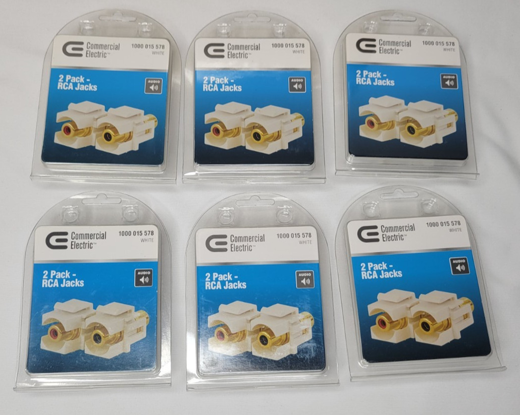 Commercial Electric RCA Keystone Jacks White 6x 2-Pack (12 Total) Gold Plated