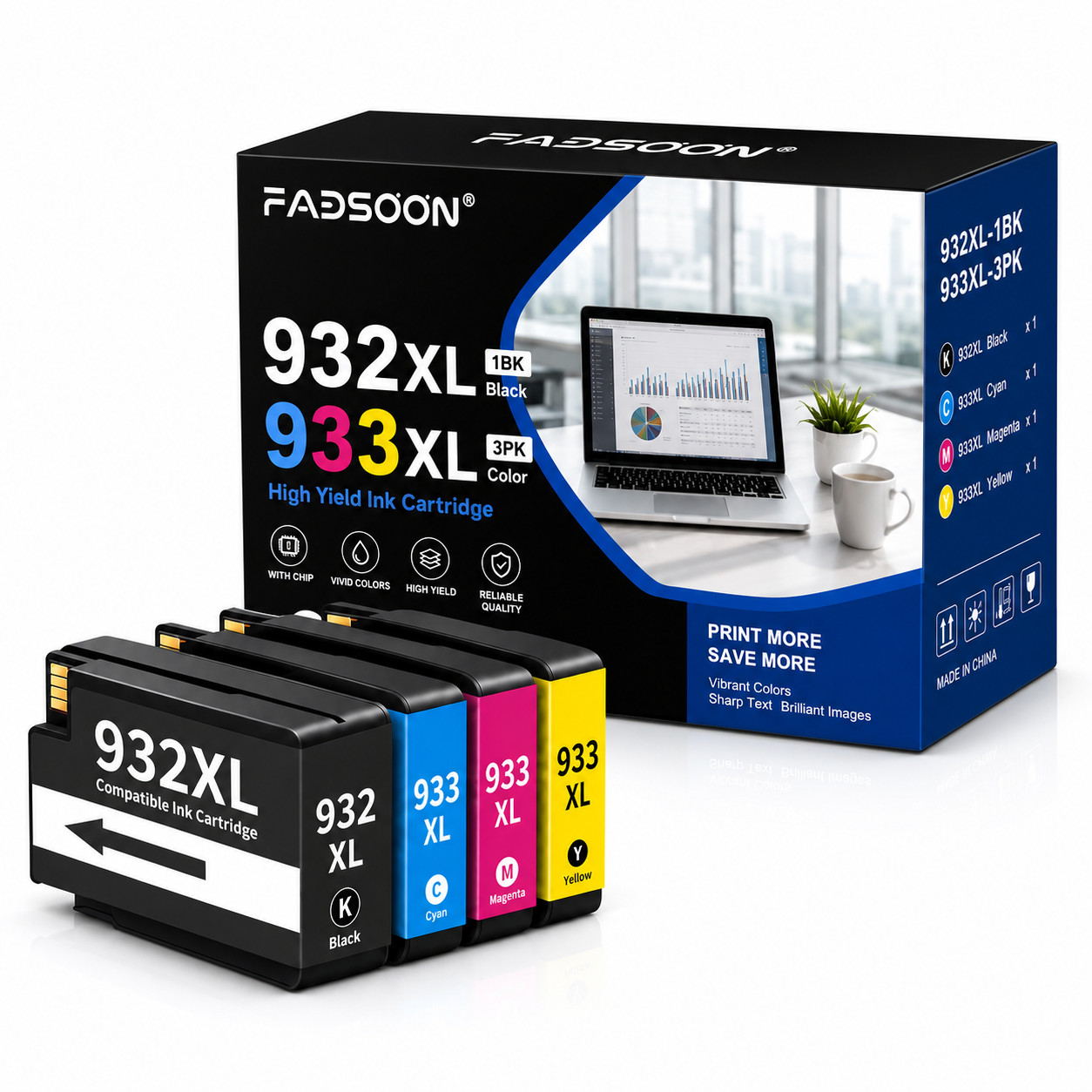 FADSOON® 4PK 932XL-1BK+933XL-3PK Compatible for Officejet 6100 6600 6700 7110…
