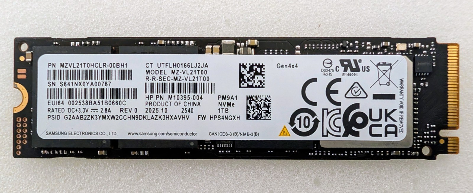 Samsung PM9A1 1TB M.2 2280 PCIe 4.0 x4 NVMe SSD MZVL21T0HCLR HP PN M10395-004