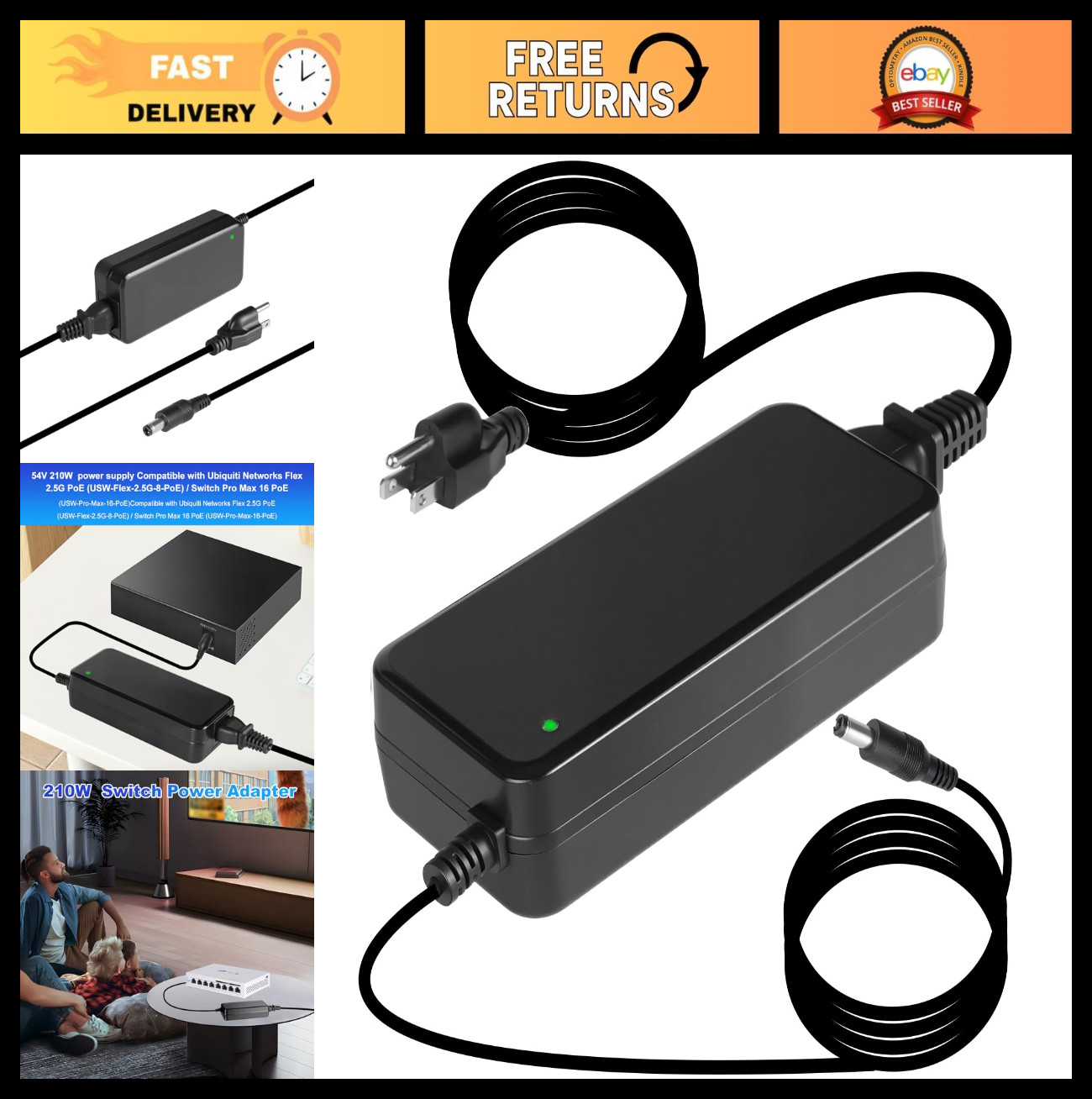 54V 210W Power Adapter for Ubiquiti USW Ultra, Pro Max 16 PoE, Flex 2.5G PoE