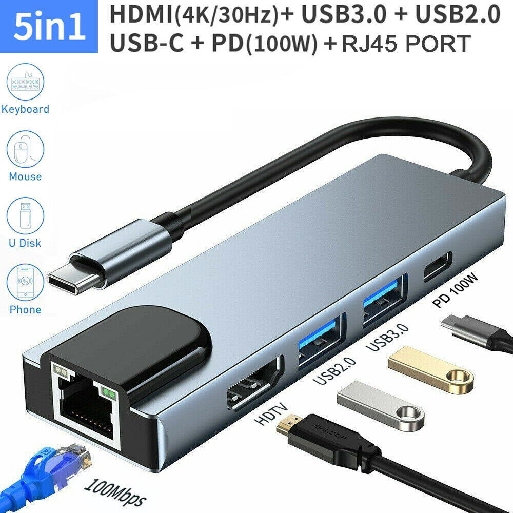 5 IN 1 Type-C to USB 3.0 Hub 4K HDMI RJ45 Ethernet Adapter for Macbook Keyboard