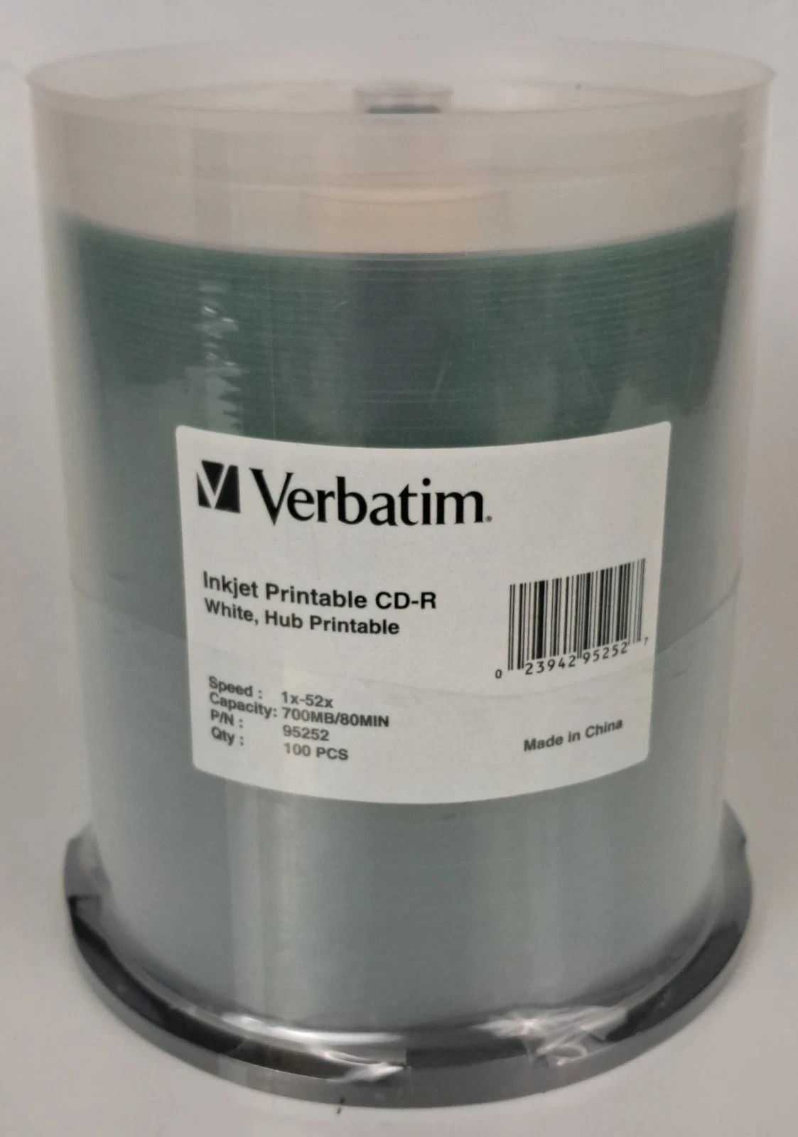 100 Pack VERBATIM 95252 CD-R 52x 700MB 80Min White Inkjet Hub Printable Spindle