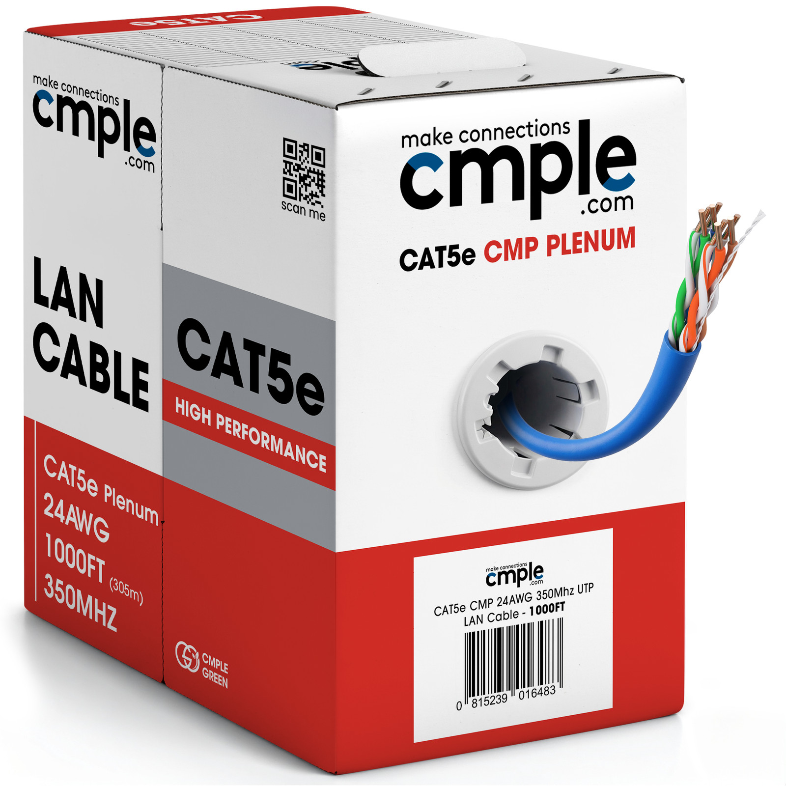 CMP Cat5e Ethernet Cable 1000ft Plenum Solid 24AWG UTP In-Wall LAN Blue