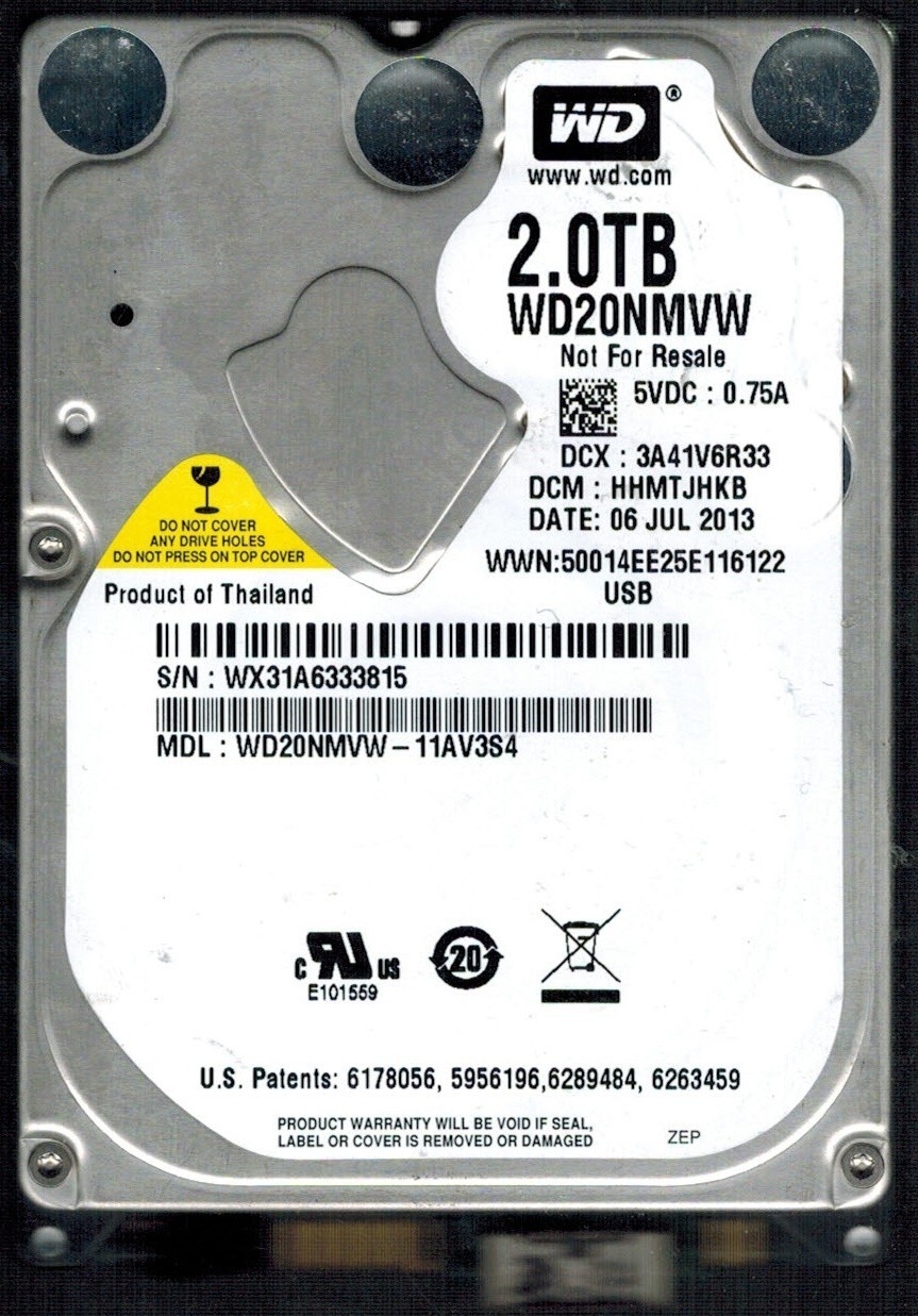 WD20NMVW-11AV3S4 S/N: WX31A DCM: HHMTJHKB WESTERN DIGITAL 2TB THAILAND JUL 2013