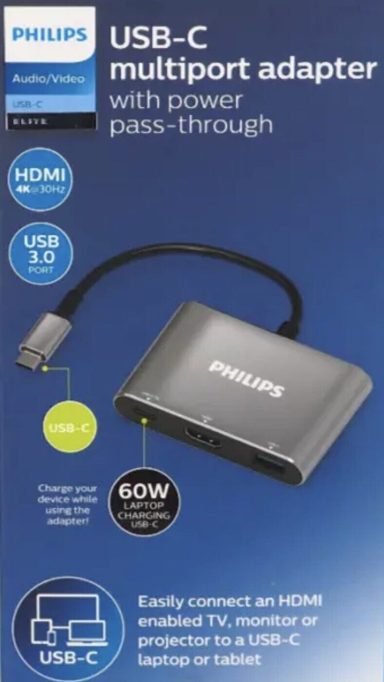 Philips USB C Hub with Power Pass-Through - 3-in-1 Multiport Adapter