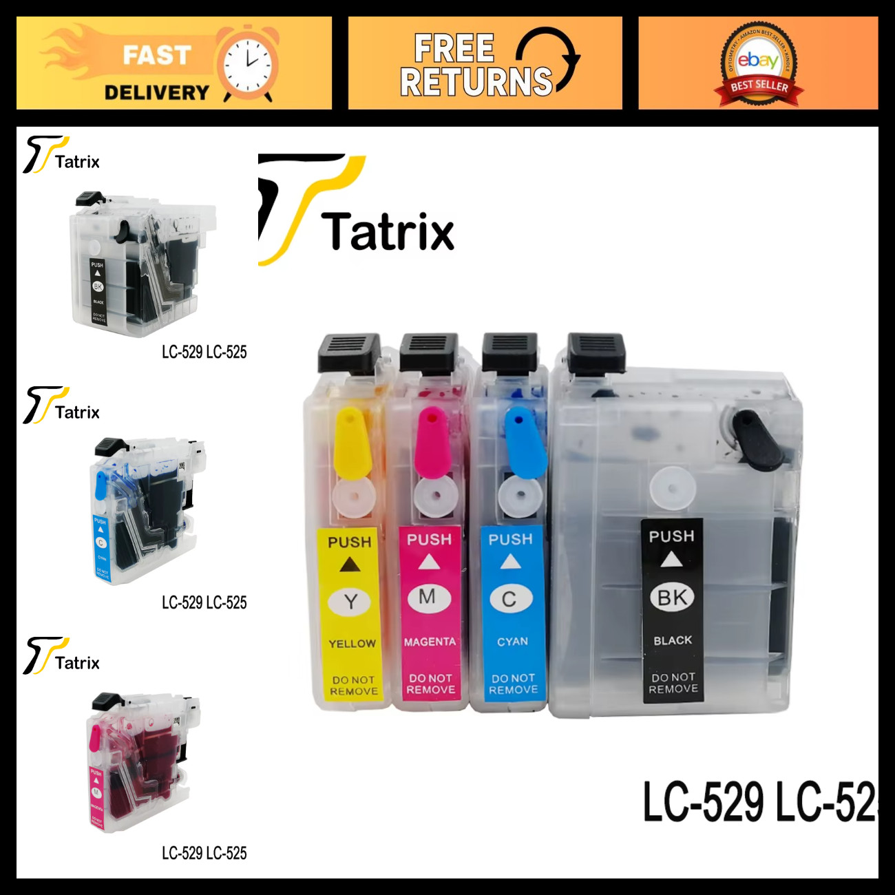 4PK Refillable Ink Cartridges for Brother LC525 LC529 DCP-J100 MFC-J200 Printers