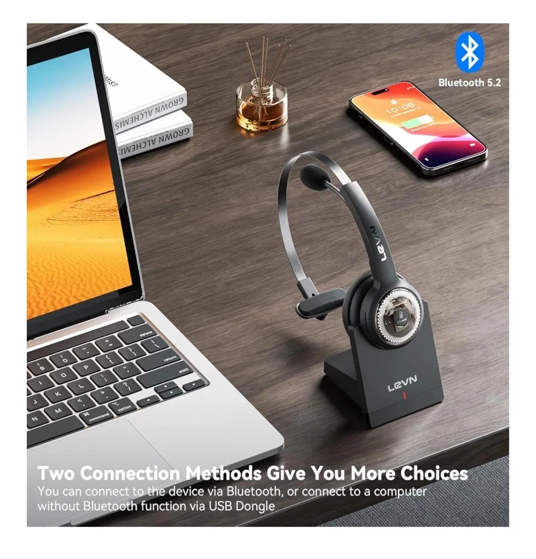 LEVN LEHS010 Bluetooth 5.0 USB Wireless Headset w/ Dongle PC Laptop Noise Cancel
