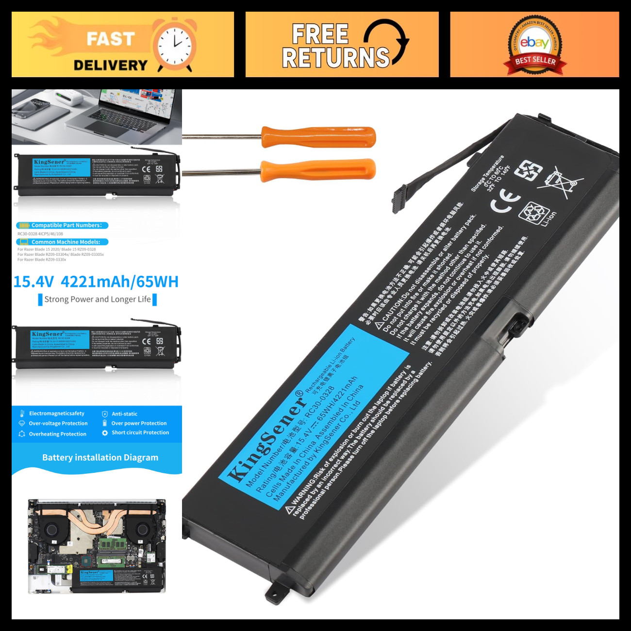 65Wh Replacement Laptop Battery for Razer Blade 15 - High Capacity, 15.4V, RC30-