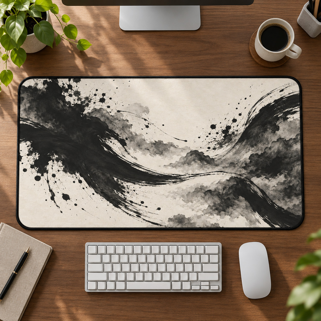 Black Ink Wave Desk Mat & Mouse Pad, Abstract Japanese Sumi Art