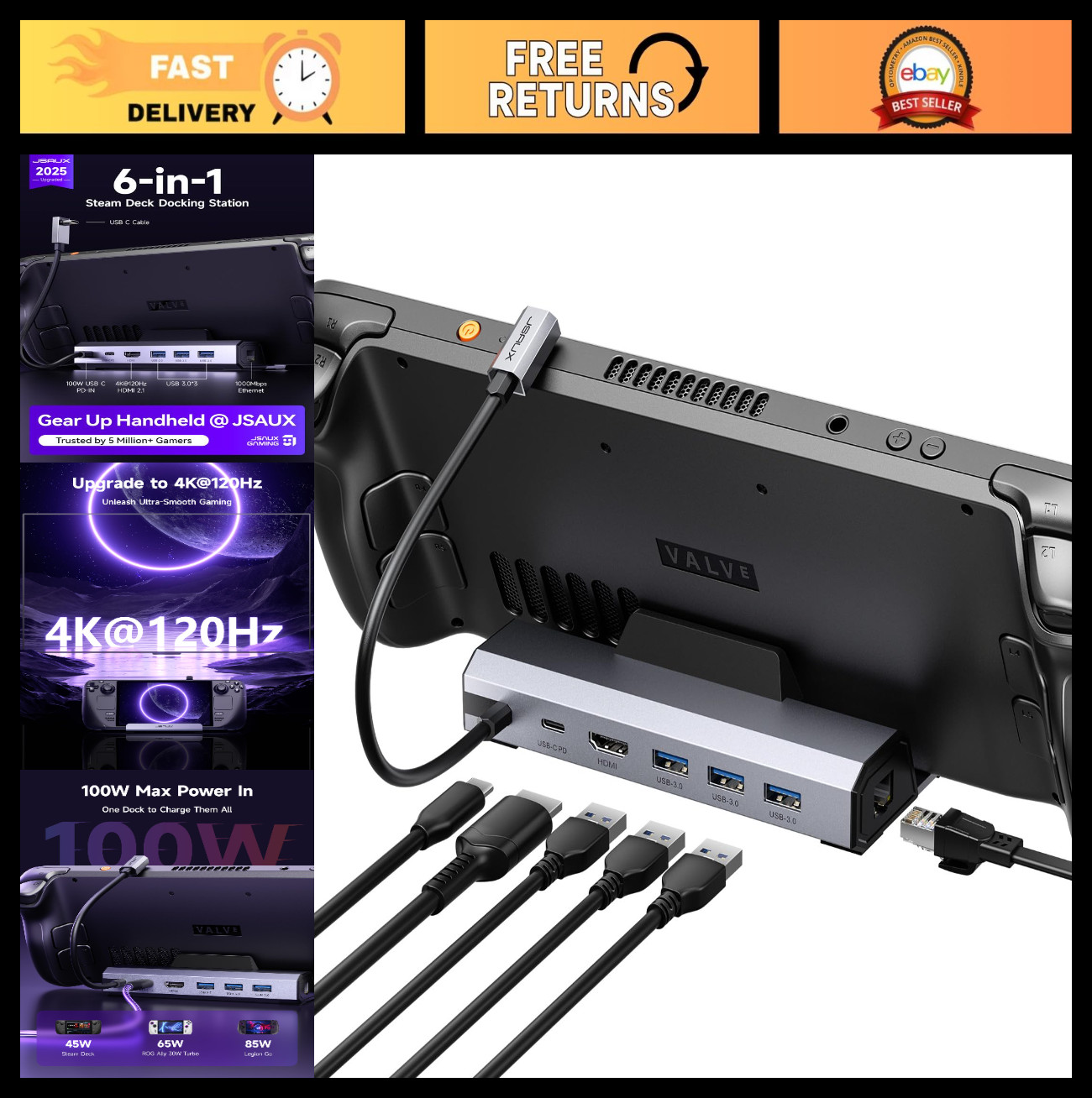 6-in-1 Docking Station for Steam Deck OLED/ROG Ally X, 4K@120Hz, HDMI 2.1, USB 3