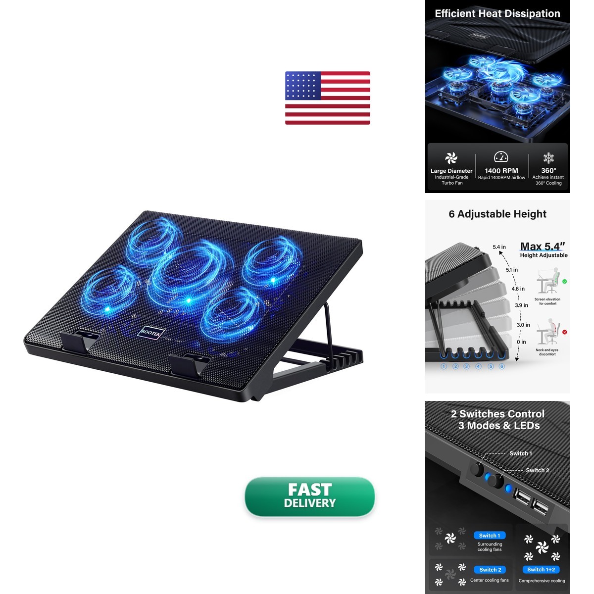 Kootek LCP04 Laptop Cooling Pad Stand 5 Quiet Fans for 12"-17" Laptop