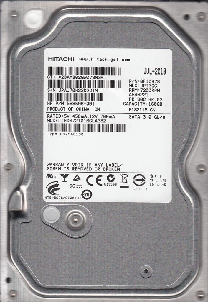 HDS721016CLA382 p/n: 0F10978 mlc: JPT3GC Hitachi 160Gb SATA A1-12
