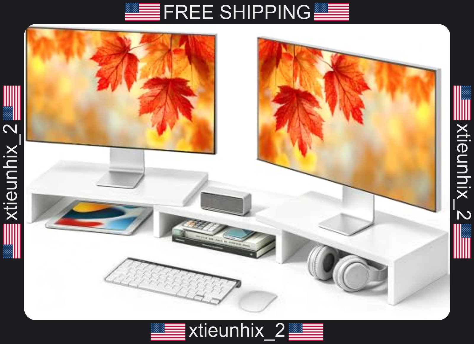 Dual Monitor Stand Riser Wooden Desk Organizer for 2 Monitors