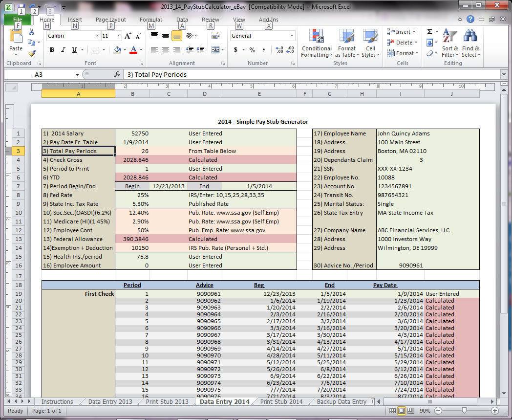 Excel Pay Stub Generator Calculator and Printer - Easy Custom Template 