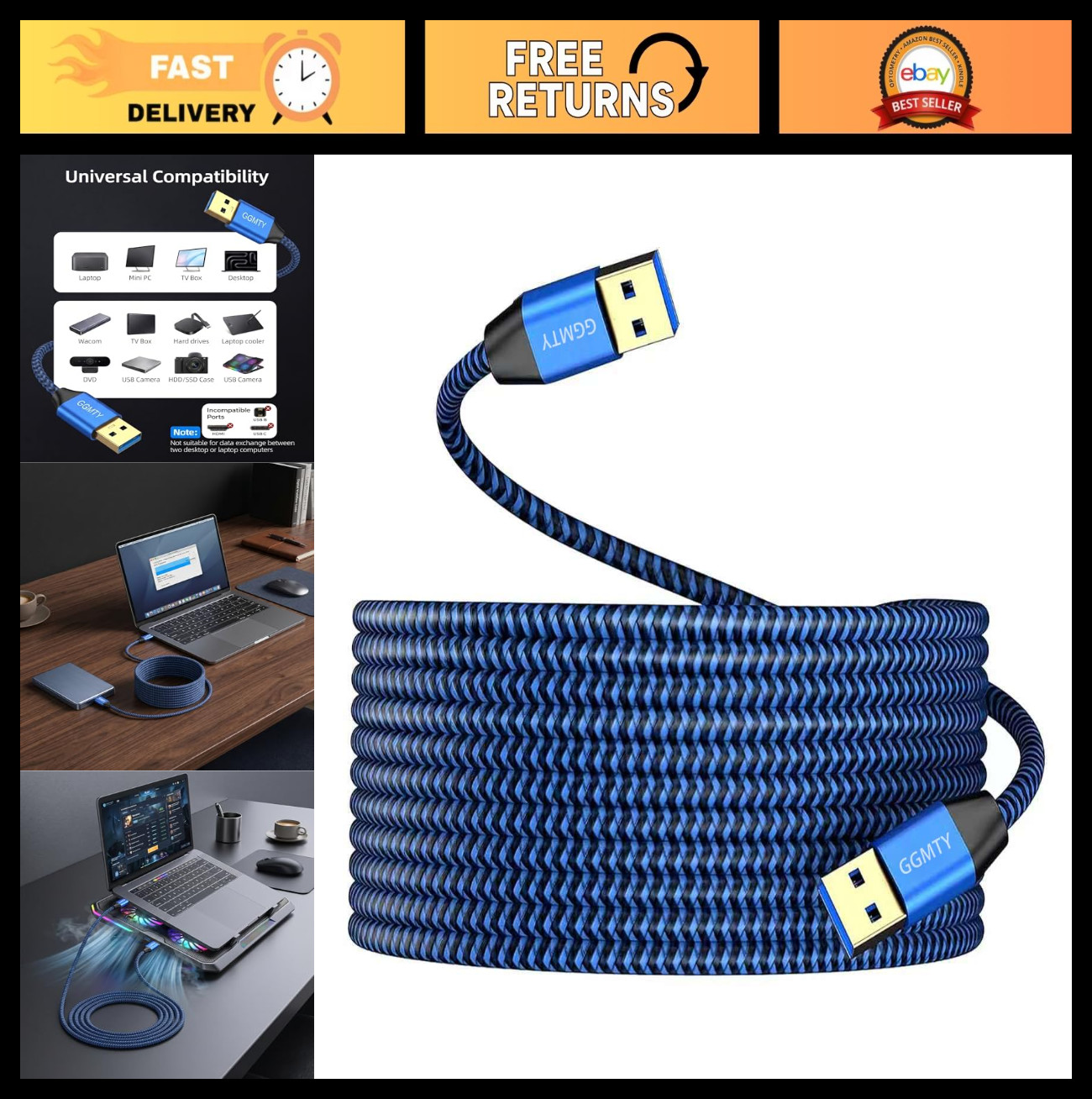 USB to USB Cable 25FT, Durable Braidedfor USB 3.0 Male to Male Type A to Type A