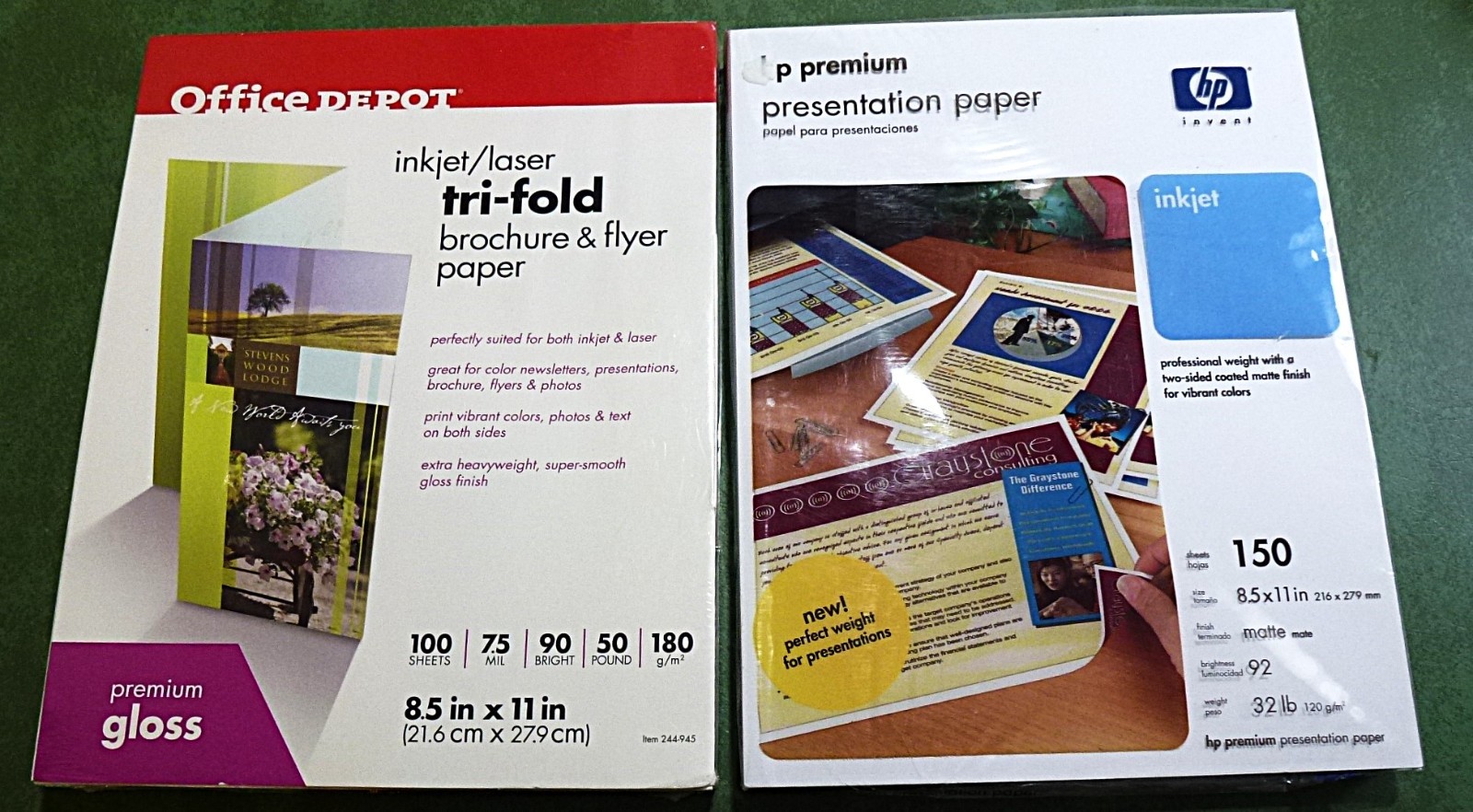 HP Premium Presentation Paper Matt 150ct & Office Depot Tri-Fold Gloss 100ct NEW