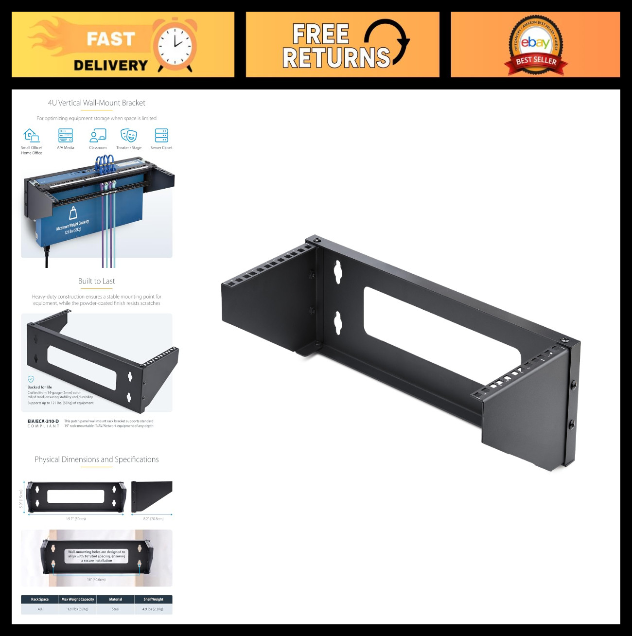 4U Vertical Wall-Mount Bracket for 19" Rack Equipment, 121lb Capacity, Patch Pan