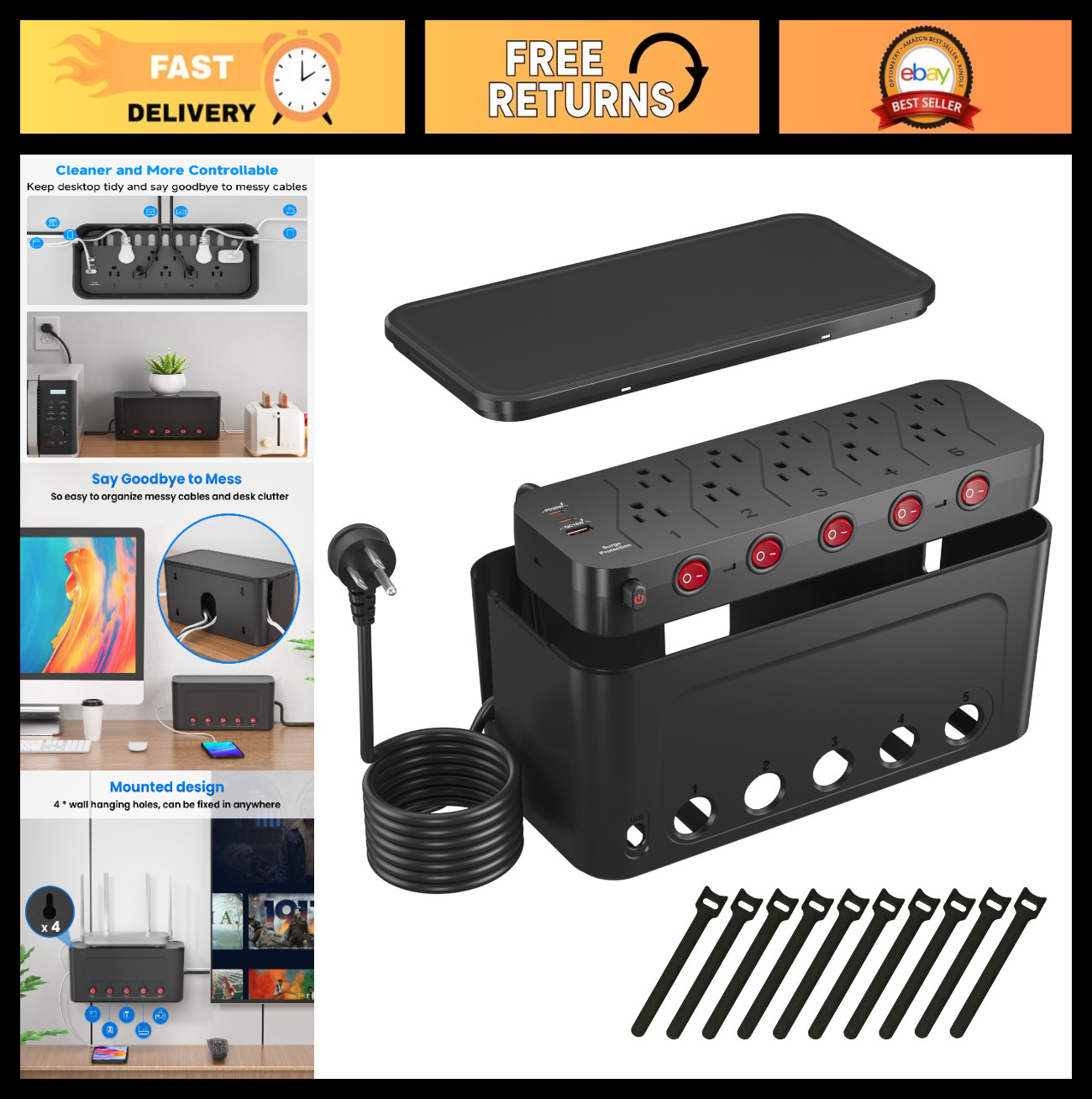 Power Strip & Cable Management Box - Large Organizer for Home/Office, Black