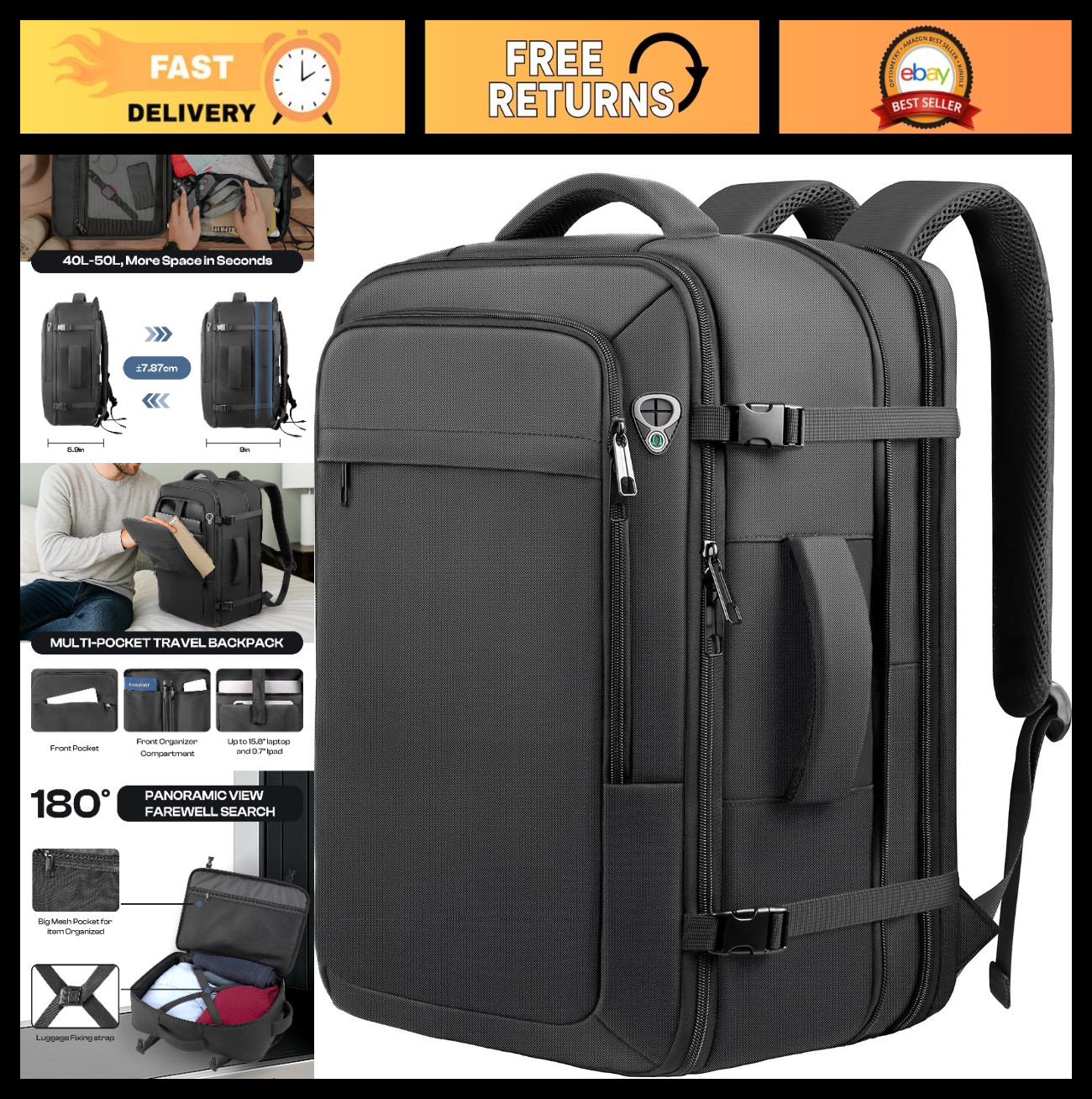 Extra Large 40L-50L Travel Backpack, TSA Approved, Water Resistant, Expandable f