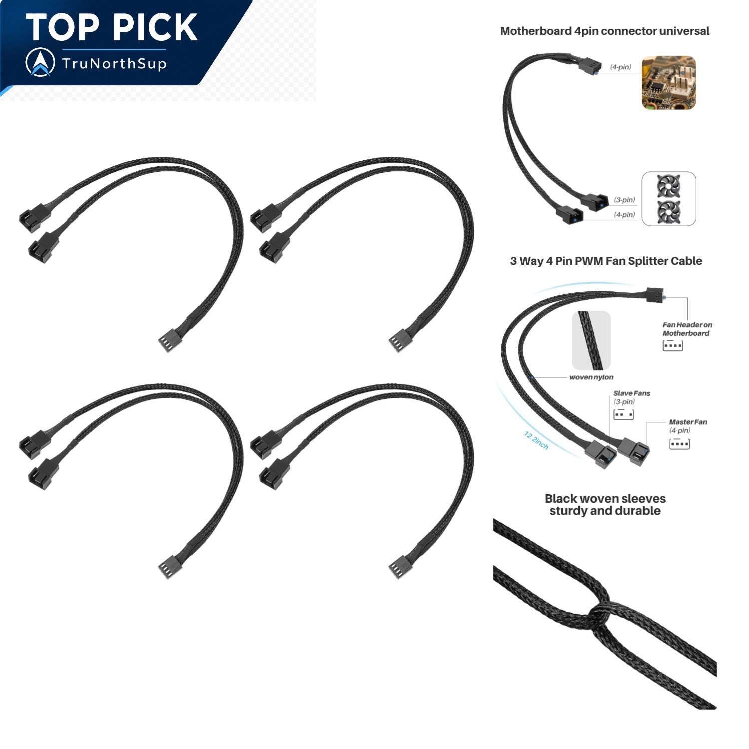 4-Pack PWM Fan Splitter Cable 12 Inch 2-Way 4-pin CPU Case Cooling Fan Extension