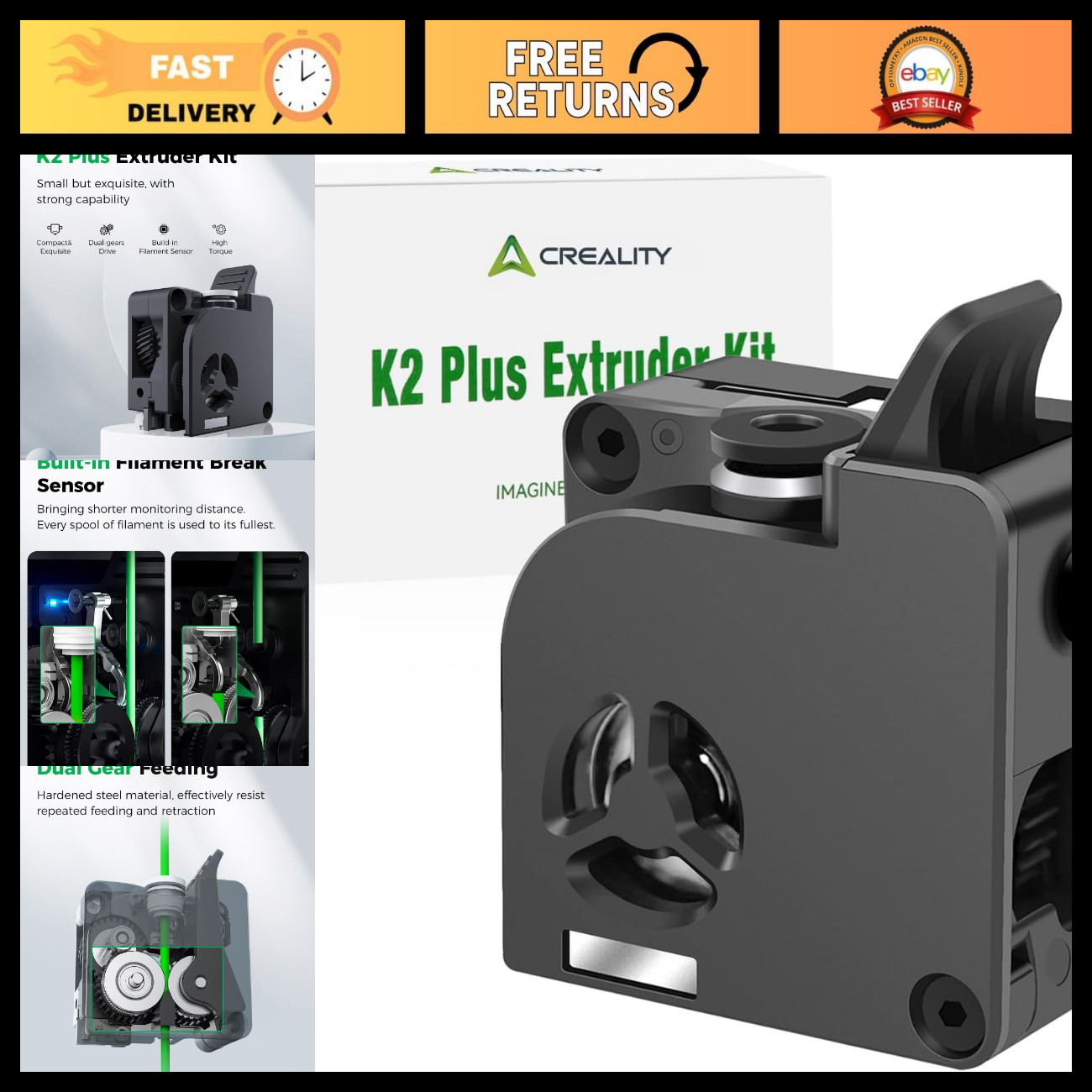 3D Printer Extruder Kit with Filament Break Sensor, Dual Gears, 80N Force