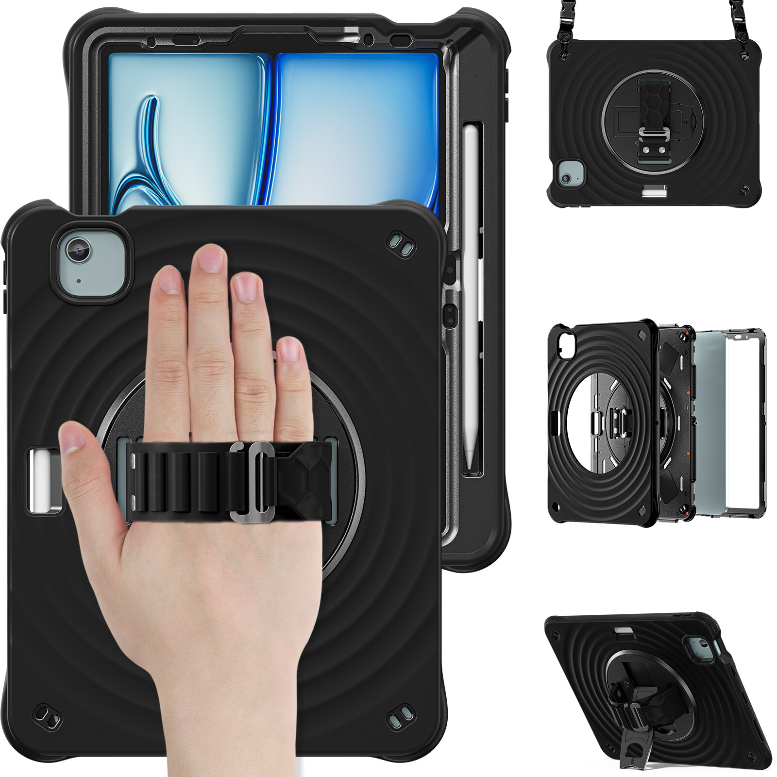Ripple Shockproof Silicone Hand Strap Stand Case Cover for iPad Air 11" M2 M3 M4