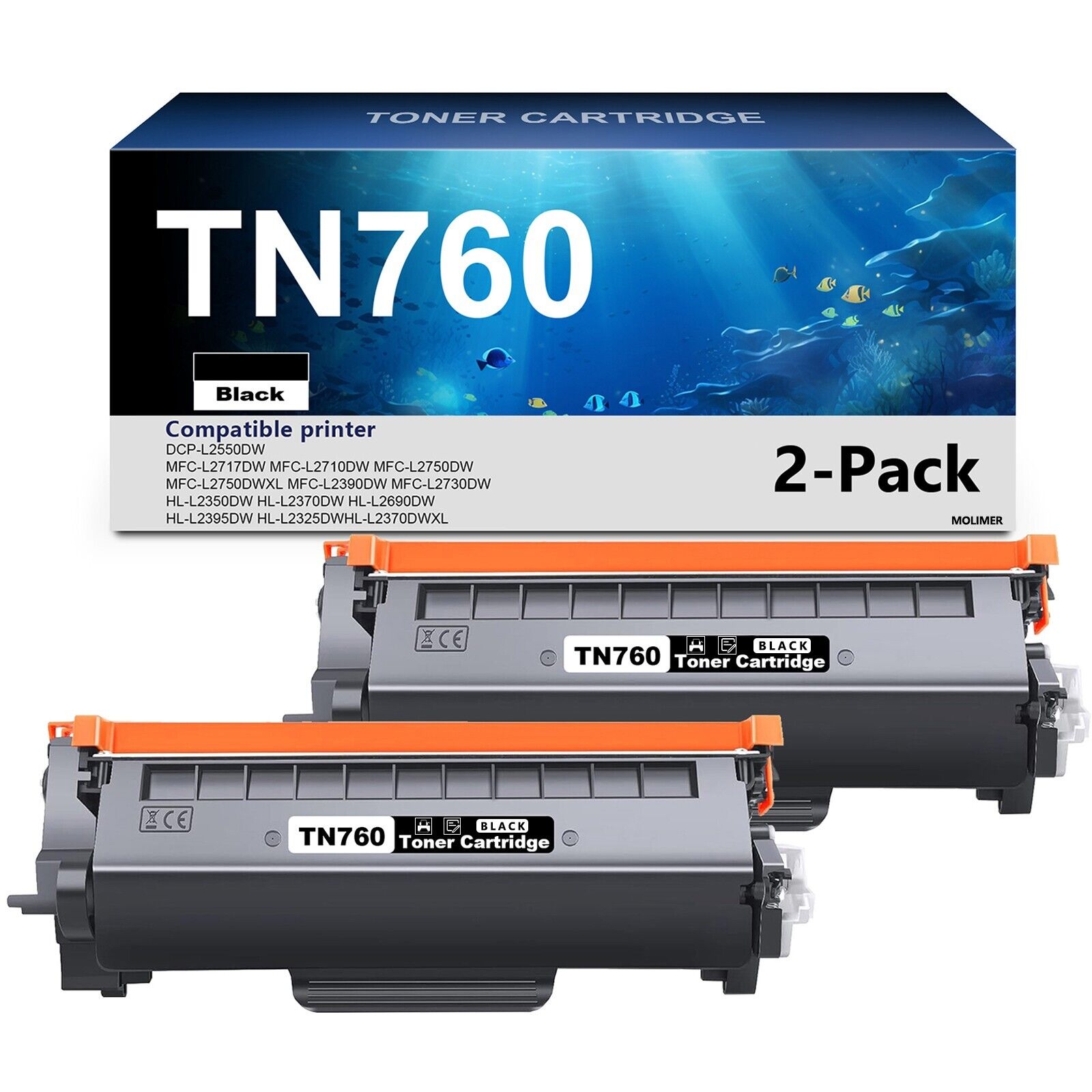 TN760 2BK High Yield Toner Cartridge Replacement for Brother DCP-L2550DW Printer