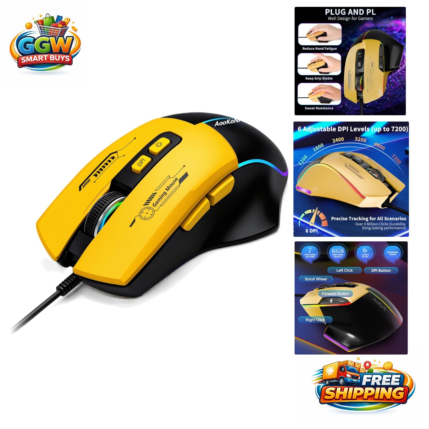 Ergonomic RGB Gaming Mouse - 7200 DPI Adjustable with 7 Programmable Buttons