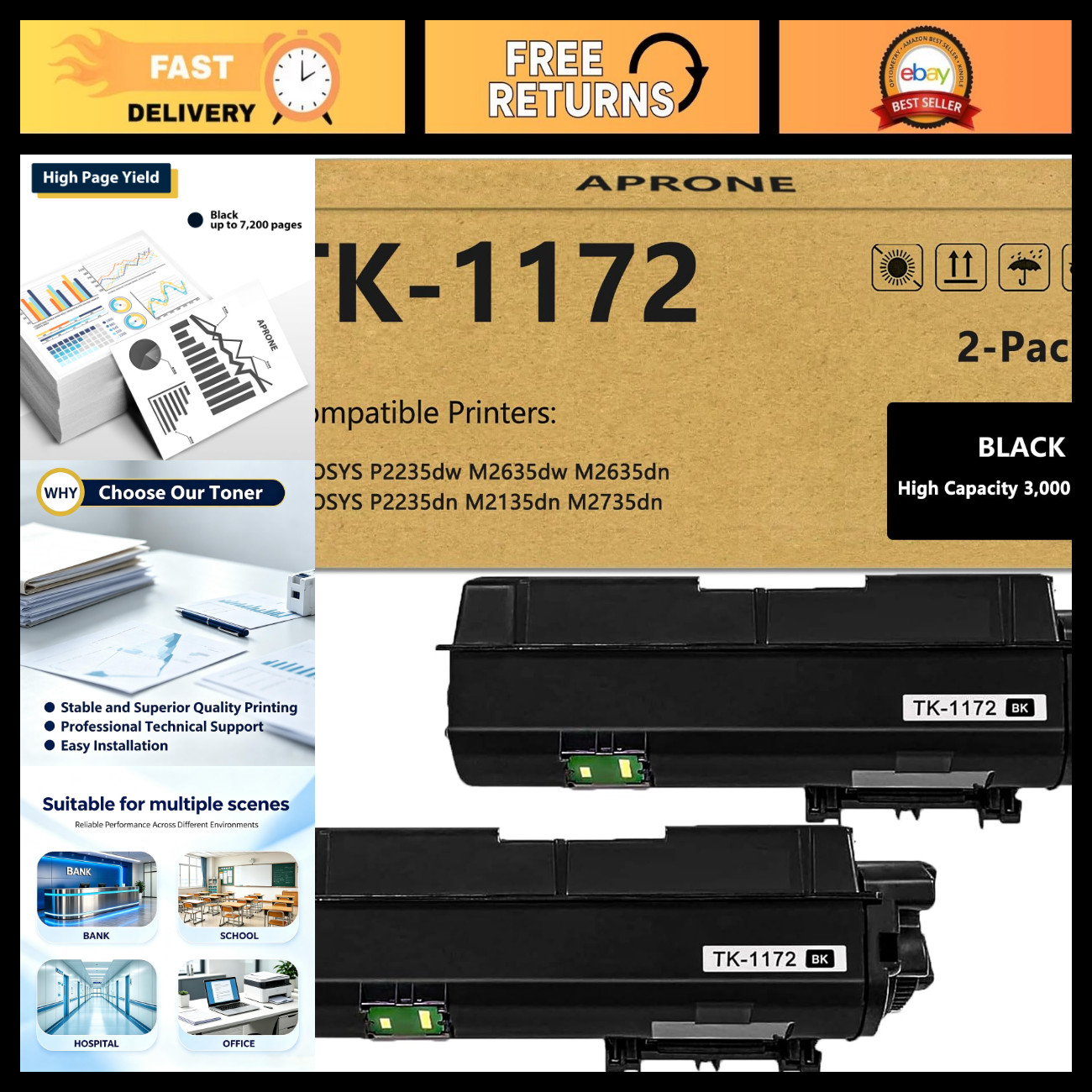 Compatible Black Toner Cartridge TK-1172 for Kyocera Printers - High Yield, Qual