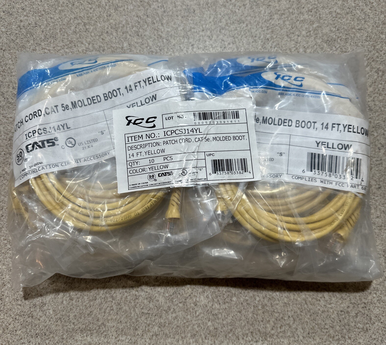 ICPCSJ14YL- ICC - PATCH CORD, CAT 5e MOLDED BOOT, 14FT YELLOW- 10 PCS - NEW