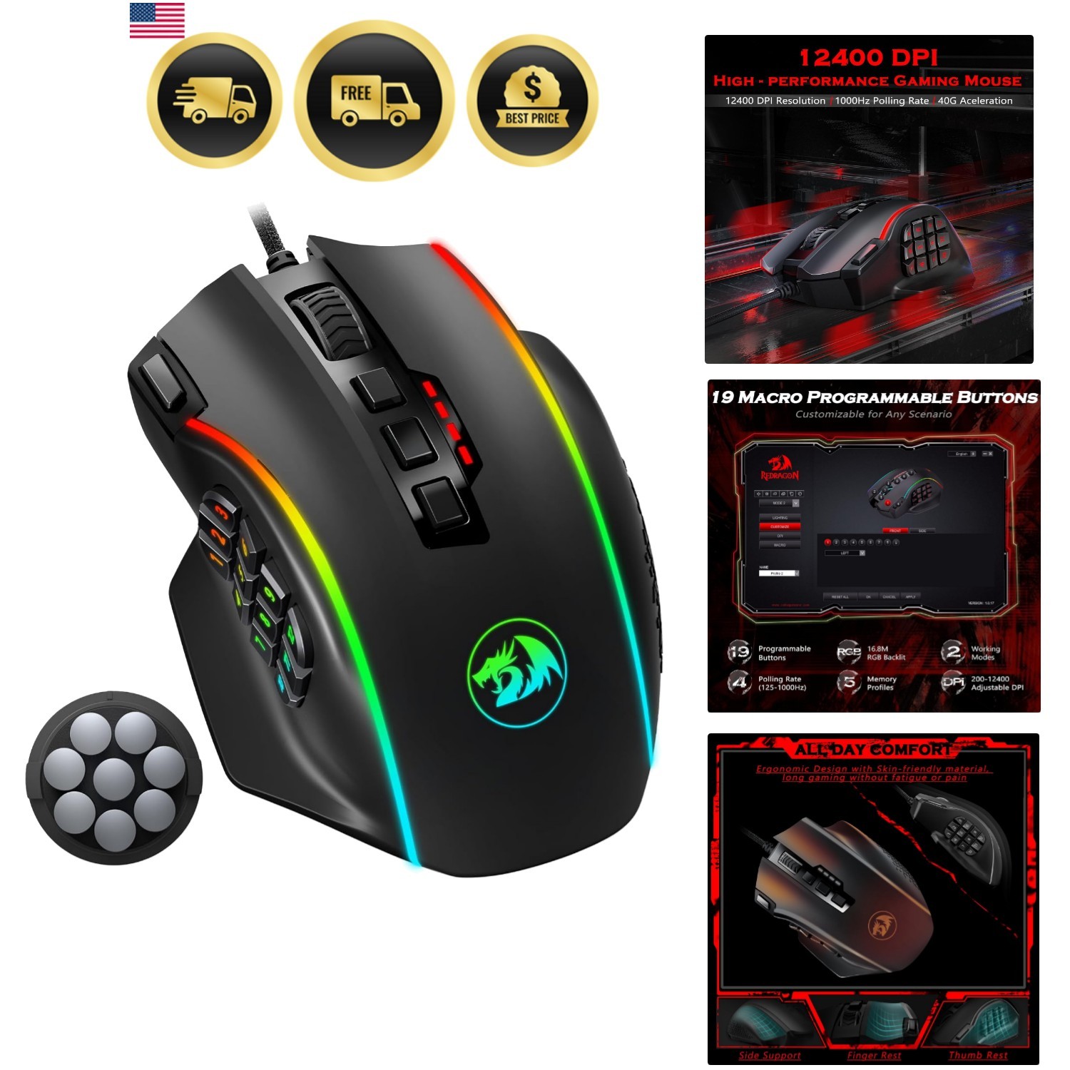 Gaming Mouse, MMO Mouse Gaming UP 12400 DPI, 19 Macro Programmable Buttons, R...