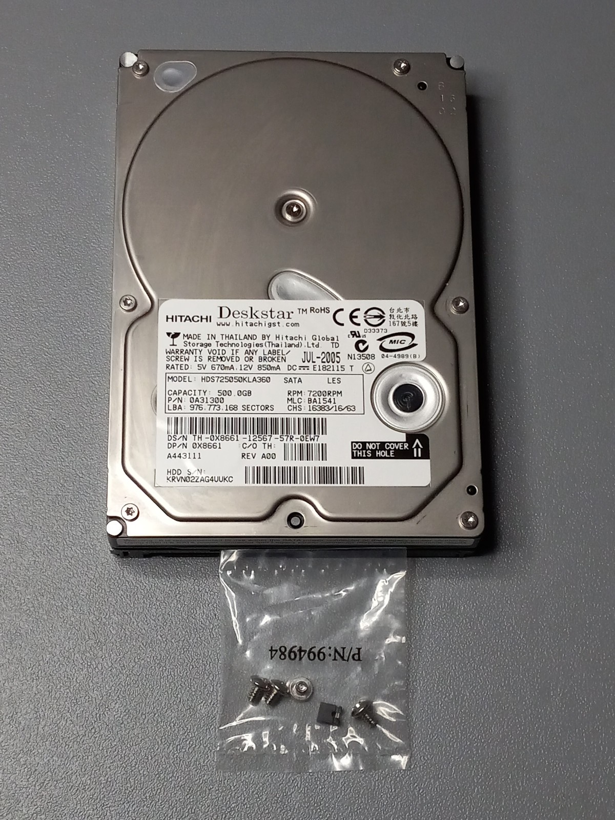 Hitachi Deskstar 500 GB 7200 RPM 3.5" HARD DRIVE HDS725050KLA360