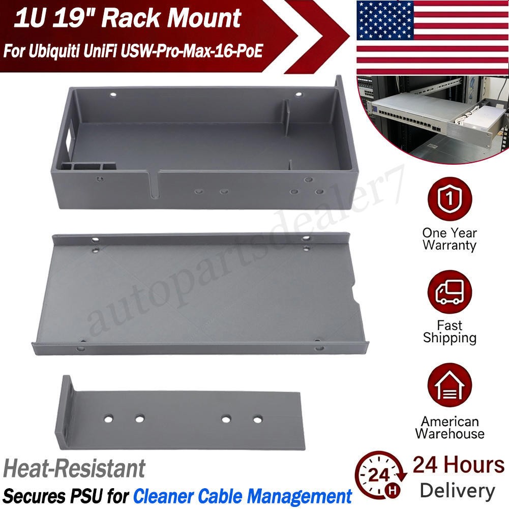 Rack Mount for UniFi USW-Pro-Max-16-PoE, 1U 19" w/ Tray for PSU Enhanced Airflow