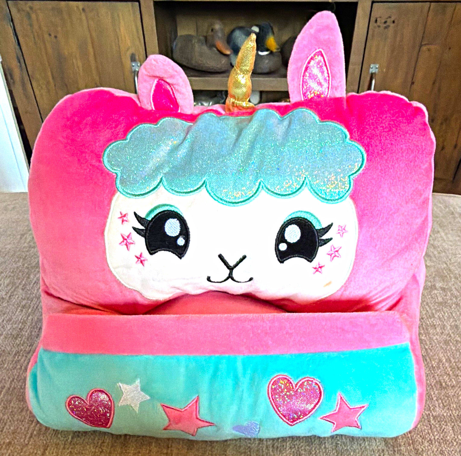 Kids Plush Unicorn Tablet Holder-Pink Stars Appliqué Decor 8x12 inch 