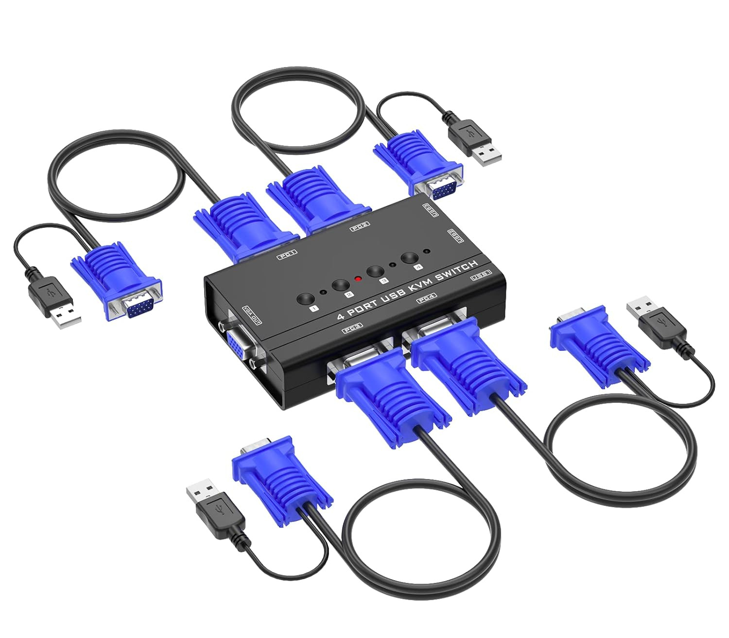 VGA KVM Switch,  4 Port USB VGA KVM Switch W/4 KVM Cables & 3 USB Hubs for 4 Com