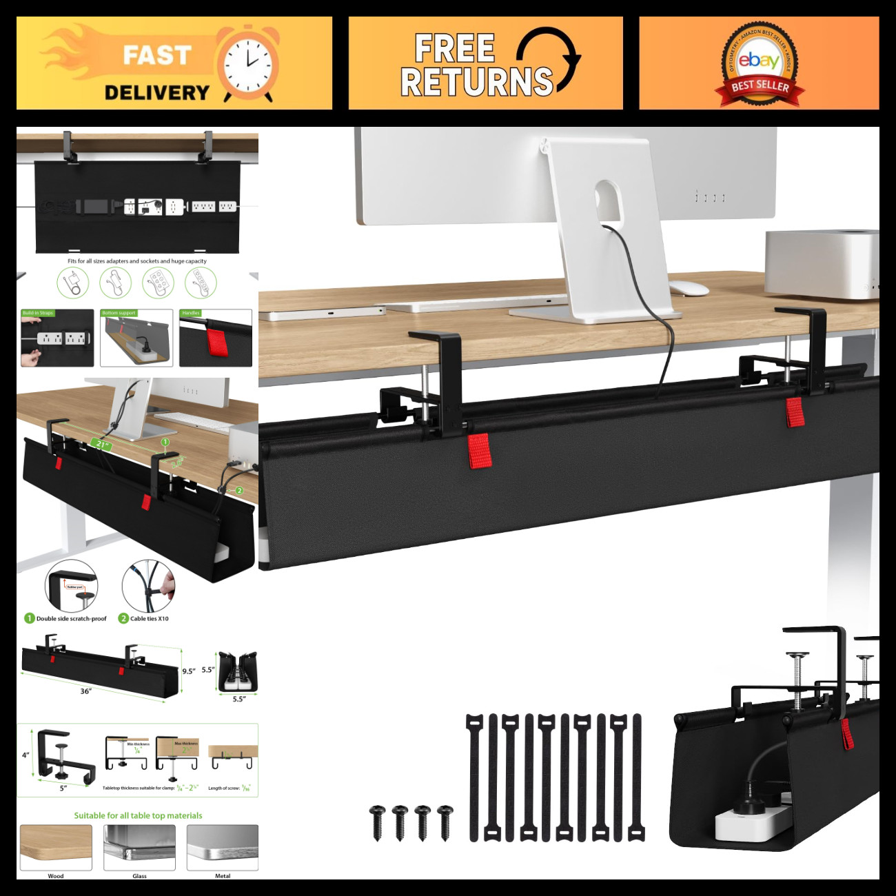 Large No Drill Under Desk Cable Management Tray 36in - Black, Tidy Organizer Sol
