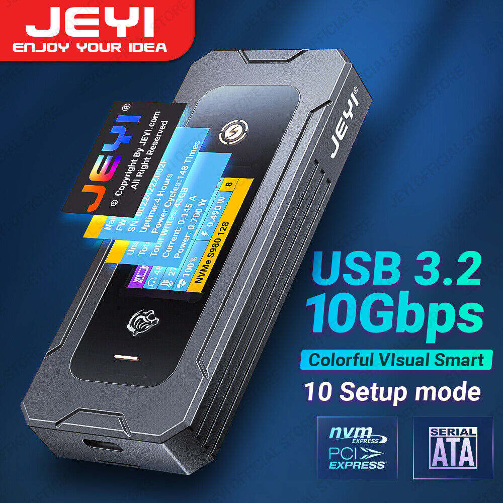 JEYI Visual Smart M.2 NVMe SATA SSD Enclosure, USB 3.2 10Gbps Real-time Display